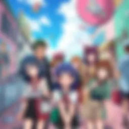Anime Characters in a Colorful Setting A vibrant scene featuring anime characters with diverse styles and expressions, surrounded by colorful backgrounds and imagery that reflects various anime themes.