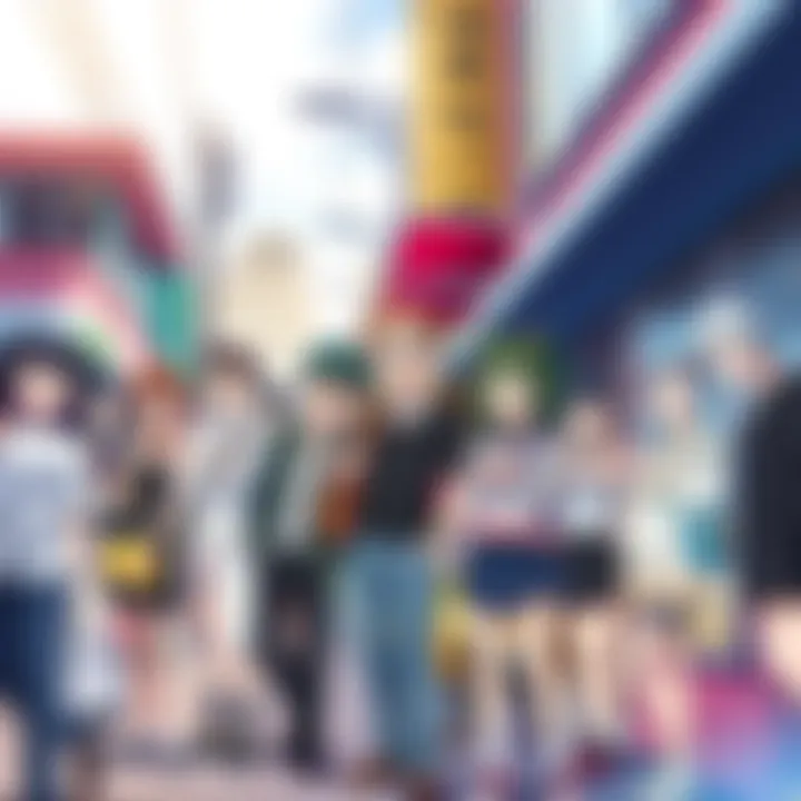 Anime Characters in a Colorful Setting A group of diverse anime characters gathered in a vibrant urban environment, showcasing their unique styles and expressions, reflecting the influence of anime on culture.