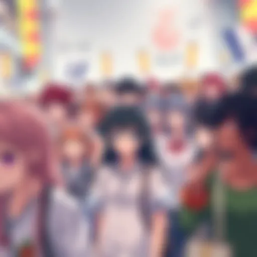 A diverse group of anime characters gather together, showcasing their unique styles and expressions in a lively setting.