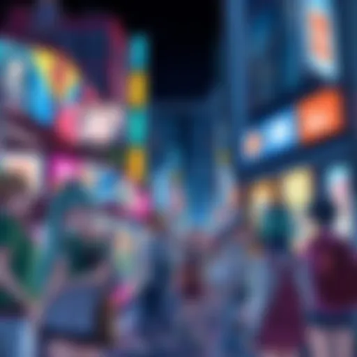 People in a vibrant city scene enjoying anime culture, with colorful character cosplay and posters around them.