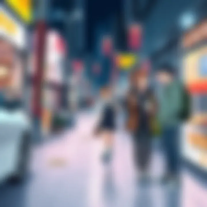 Anime characters engaging in everyday activities like shopping and chatting in a city setting