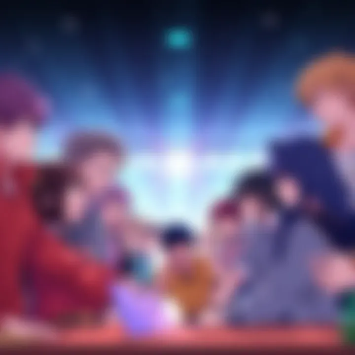 Fans discussing their favorite hot male anime characters with expressions of excitement and enthusiasm.