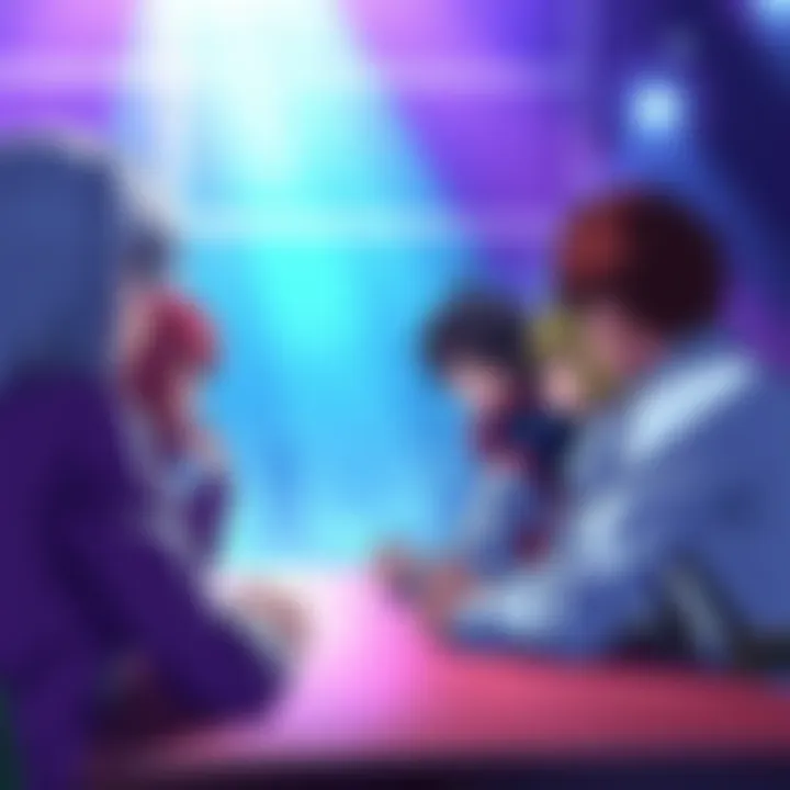 A group of anime characters discussing their survival odds and plot armor in an engaging debate setting