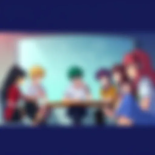 Group of anime characters sharing ideas about originality and stories in an anime setting