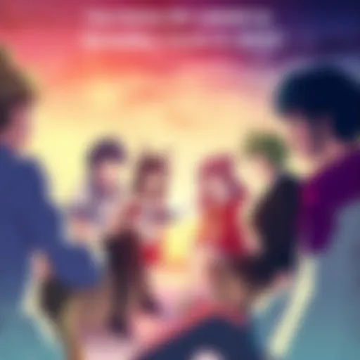 A group of anime characters engaged in a lively discussion about storytelling values and fan service