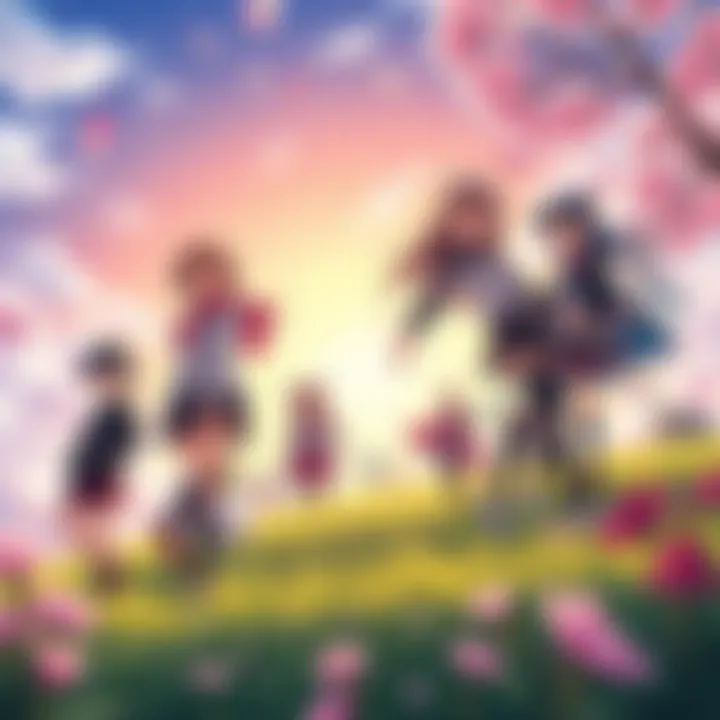 Various anime characters from popular series like Code Geass and Noragami enjoying a spring setting