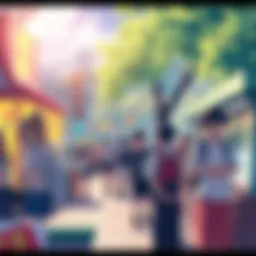 A group of people enjoying anime-themed activities in a park, surrounded by colorful decorations and merchandise.