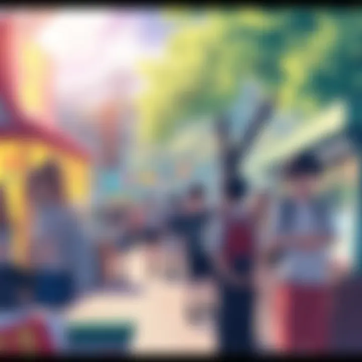 A group of people enjoying anime-themed activities in a park, surrounded by colorful decorations and merchandise.