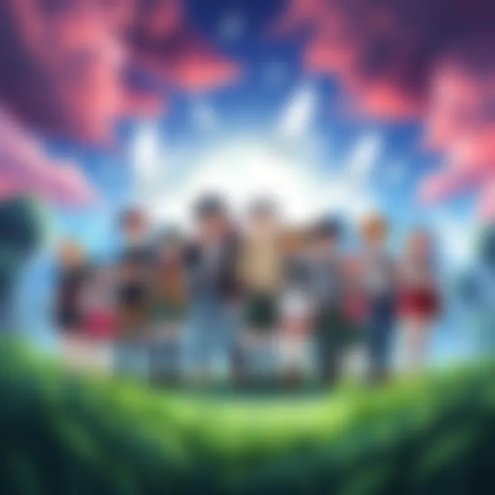 A group of diverse anime characters standing together in a colorful fantasy landscape, showcasing unity and adventure, suitable for kids and teens.