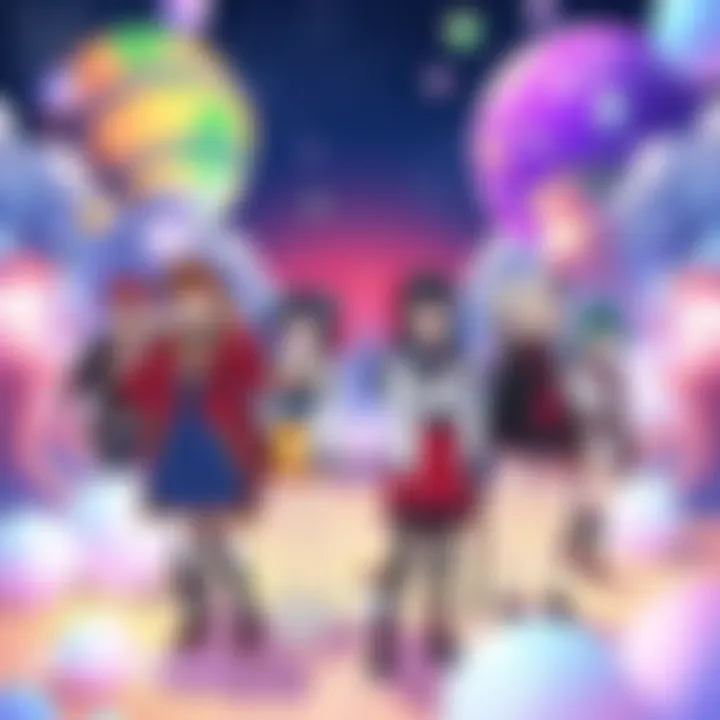 Anime Characters in Another World A group of anime characters standing in a vibrant fantasy world, showcasing a unique isekai trope with diverse outfits and expressions.