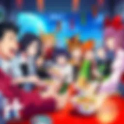 A group of powerful anime characters gathered around a table with bowls of ramen, looking excited and cheerful while watching a screen, surrounded by vibrant colors and action-themed decorations.