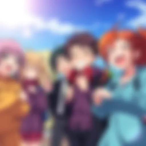A group of animated characters enjoying a lively scene together with laughter and playful interactions, representing comedy anime.
