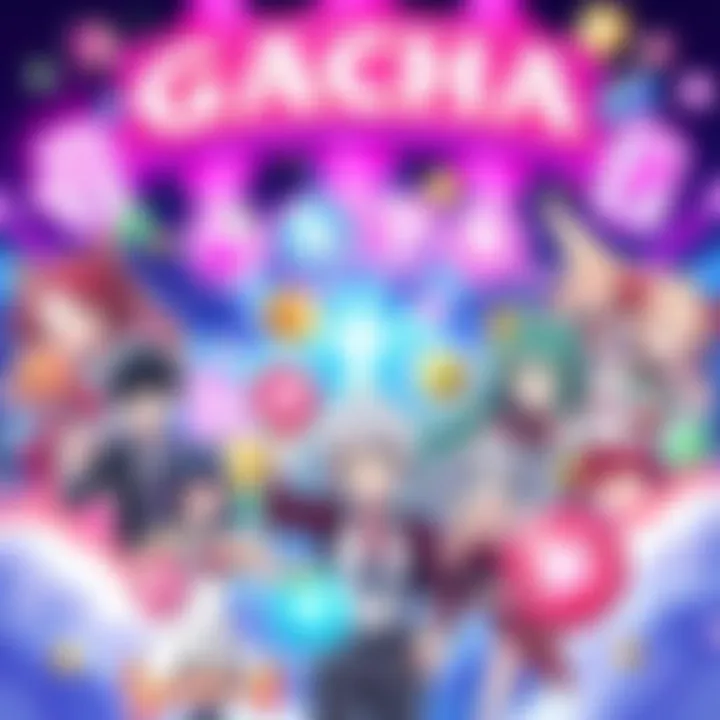 A vibrant illustration of anime characters surrounded by gacha game items and graphics, highlighting the excitement of gacha mechanics in gaming.