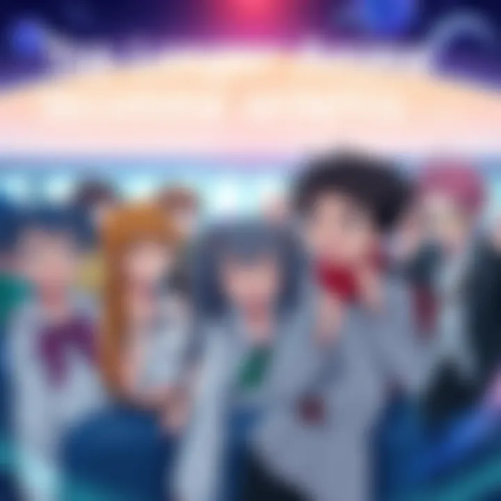 A group of popular anime characters from various long series excited to watch their shows together.