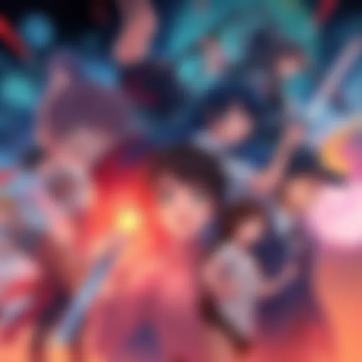 Anime characters from gripping genres A group of diverse anime characters representing horror, death games, and time travel, showcasing intense emotions and action scenes