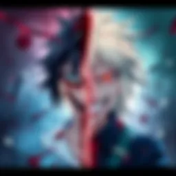 A split image showing two anime styles: one side features graphic horror elements like blood and chaos, while the other side displays more subdued, lighter themes.