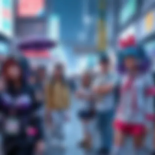 A group of fans dressed as popular anime characters at a local event, sharing their love for anime culture through outfits and accessories.