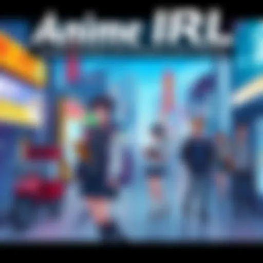 Anime characters interacting with real-world elements like a cityscape and people