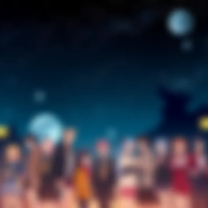 A collage of unique anime characters from various series, set against a dark, starry night backdrop, evoking the feel of late-night viewing sessions.