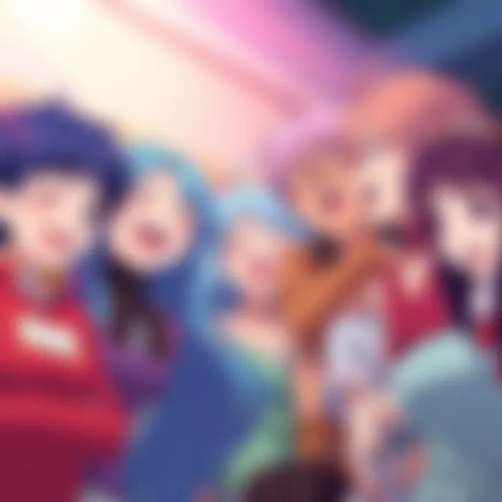 A group of diverse anime characters enjoying a fun moment, laughing and sharing a lighthearted atmosphere, reminiscent of comedy anime.