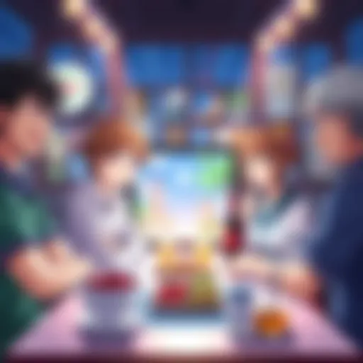 A group of anime characters sitting at a table, smiling and watching a show on a screen while eating lunch