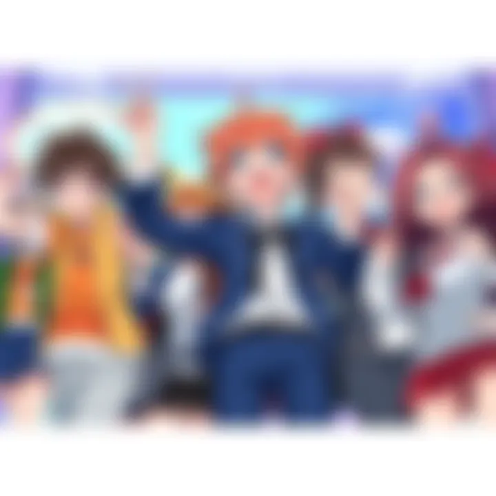 A group of anime characters expressing excitement, with bright colors and dynamic poses, set against a colorful background hinting at new adventures.