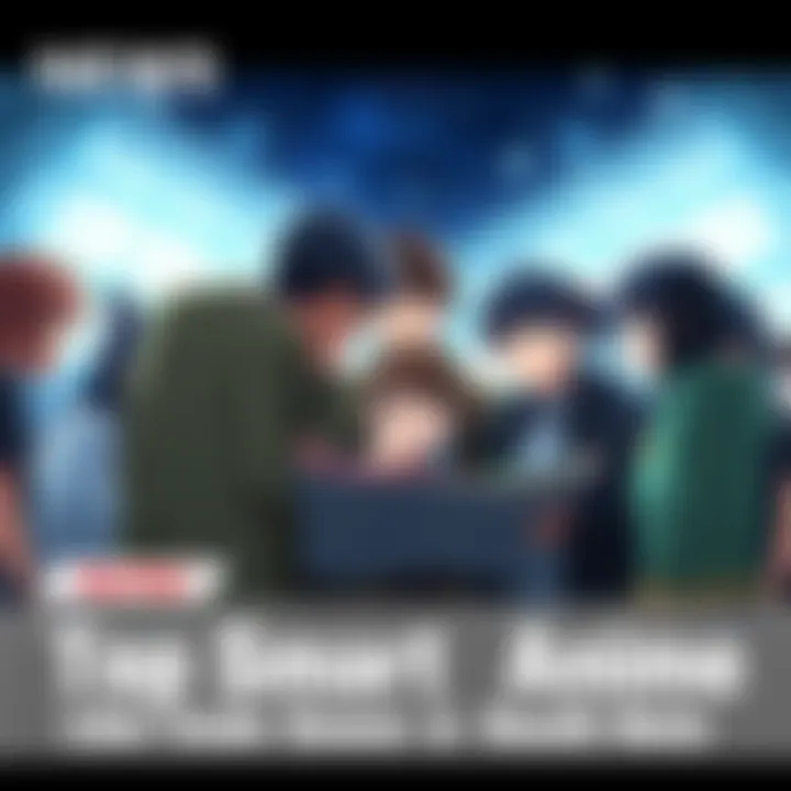 A group of anime characters, including a strategic thinker, huddled together with thoughtful expressions, discussing a complex plan in a dramatic setting.