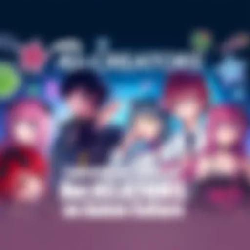 A group of anime characters from Re:CREATORS, showcasing various styles and expressions, interacting and engaging with a vibrant background of anime elements.