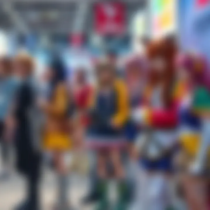 A group of people dressed as popular anime characters at a festival, showcasing vibrant outfits and engaging with fans.