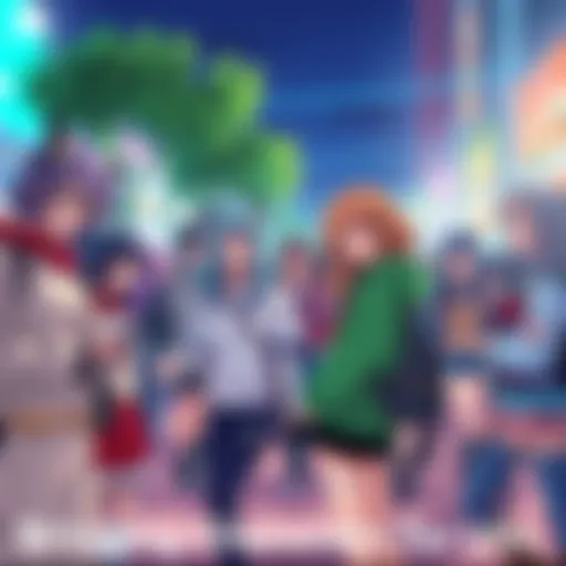 A group of fans dressed as popular anime characters at a lively outdoor event, showcasing their costumes and connecting with each other.