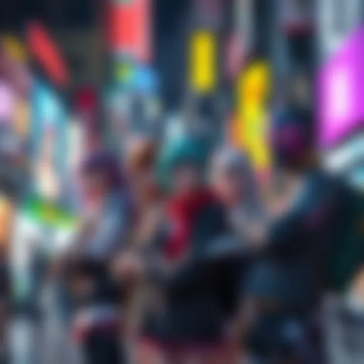 A group of fans dressed as popular anime characters in a vibrant urban setting, showcasing art and creativity.