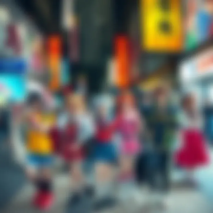A group of people dressed as popular anime characters in a vibrant urban setting, showcasing their love for anime culture.