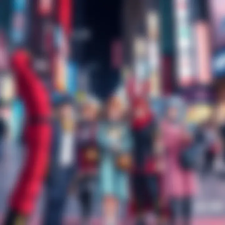 A group of people dressed as popular anime characters, blending elements of fantasy with everyday life in a vibrant city setting.