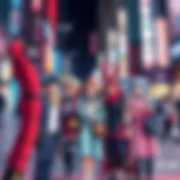 Anime Characters in Real Life A group of people dressed as popular anime characters, blending elements of fantasy with everyday life in a vibrant city setting.
