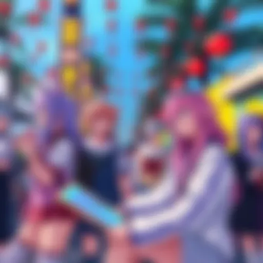 A group of people dressed as popular anime characters, enjoying an outdoor event with colorful decorations