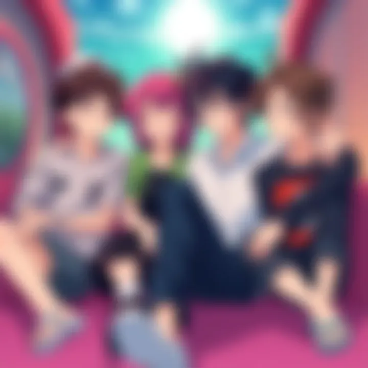 A group of anime characters enjoying a peaceful moment, reminiscent of 90s anime vibes.