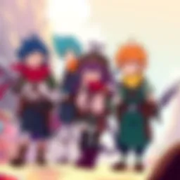 A group of anime characters dressed in fantasy RPG outfits, laughing and embarking on a funny quest together, set in a vibrant, colorful world.