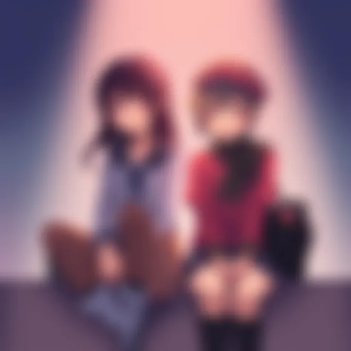 Two anime characters sit together, showing deep emotions and thoughtful expressions, surrounded by a soft, melancholic background.