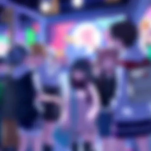 A group of diverse anime characters interacting in a vibrant setting, showcasing unique styles and emotions