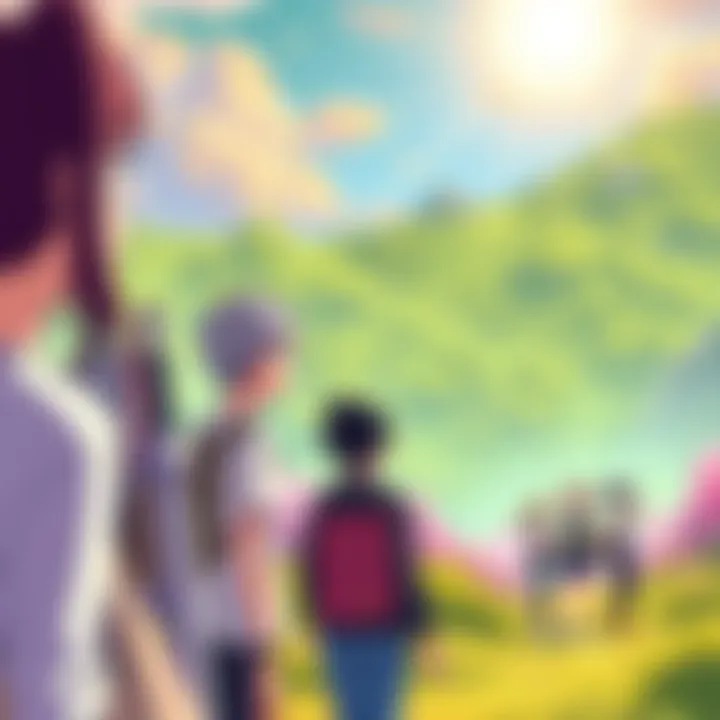 A group of anime characters stands in a vibrant landscape, capturing the essence of friendship and adventure.