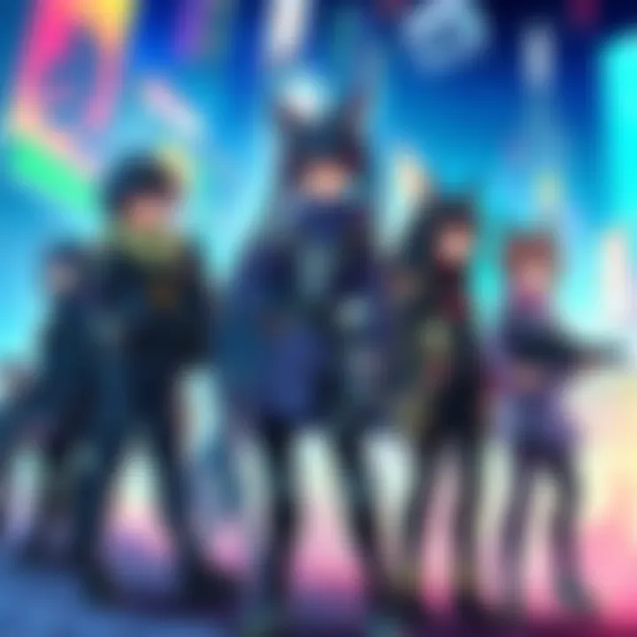A group of anime characters with futuristic outfits and high-tech accessories standing in a vibrant, sci-fi cityscape. They display expressions of determination and curiosity, capturing the essence of adventure in anime.