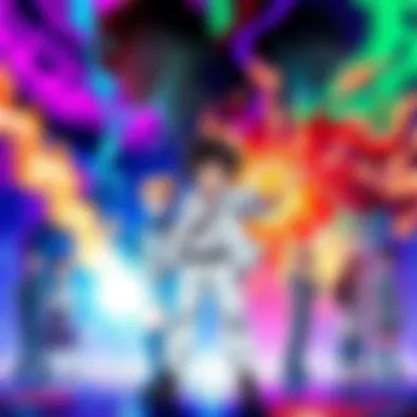 A group of anime characters showcasing diverse powers, some wielding magic and others using technology, standing against a colorful backdrop reflecting their cultural divides.