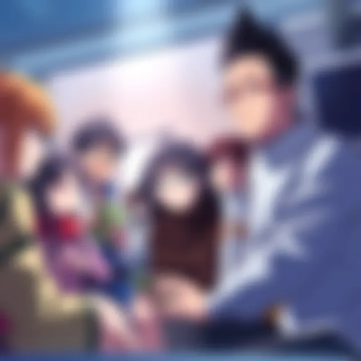 A group of anime characters with diverse backgrounds participating in a storytelling scene, showing expressions of engagement and emotion.