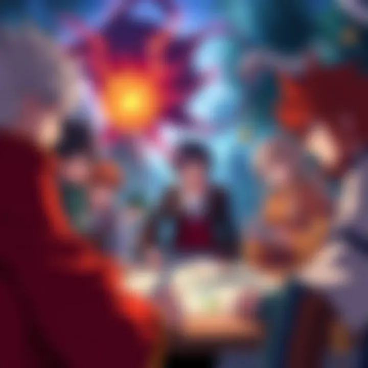 Anime characters strategizing A group of anime characters discussing plans and strategies in a fantasy setting