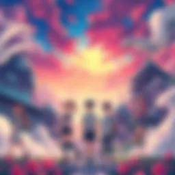 Anime Characters with Stunning Backgrounds A vibrant scene featuring popular anime characters against a backdrop of colorful landscapes, showcasing stunning visuals from series before 2020.