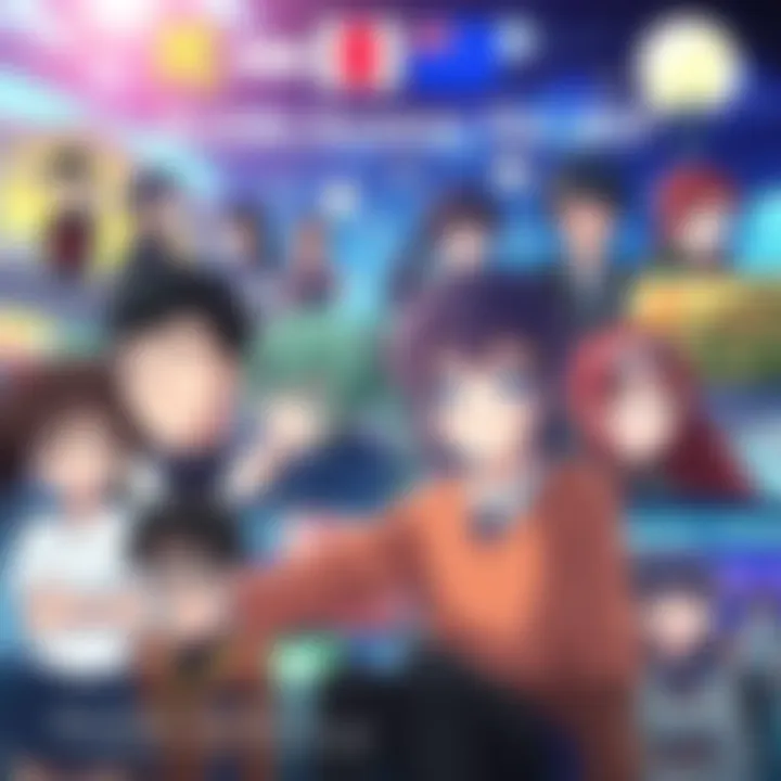 Anime characters with subtitles Various anime characters in colorful scenes with subtitles in different languages displayed