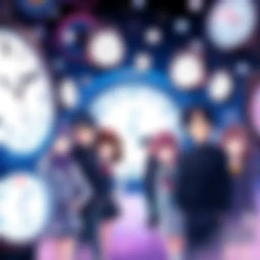 A group of anime characters look confused as they experience a time loop, surrounded by clocks and swirling time symbols.