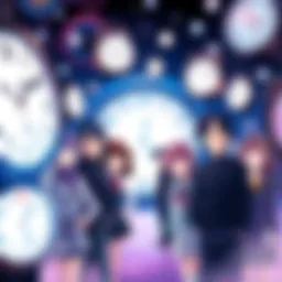 Anime Characters in a Time Loop Scene A group of anime characters look confused as they experience a time loop, surrounded by clocks and swirling time symbols.