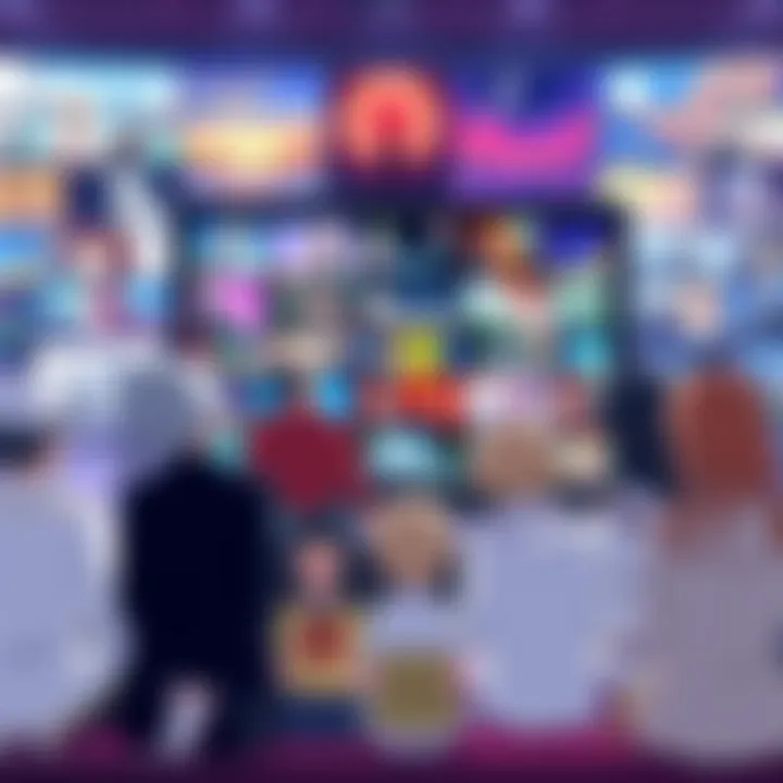 Various anime characters sitting together and watching a TV screen filled with colorful anime scenes, showcasing diverse genres and themes.
