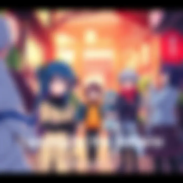 Colorful anime characters interacting in a lively setting, showcasing their unique styles and expressions.